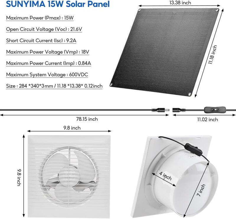 SUNYIMA Solar Powered Exhaust Fan, 15W Weatherproof Solar Panel with 8 Inch Solar Exhaust Fan for Shed Ventilation, Small Chicken Coops, Greenhouses, Pet Houses, Window Exhaust, Garage - Image 2